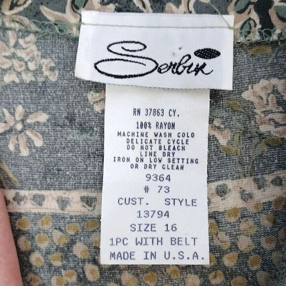 VTG 80s Green Floral Print Belted Pleated Midi Dress Size 16 *Fits like Large - Picture 12 of 17